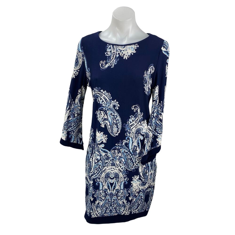 Roz & Ali Petite Women's Blue White Paisley 3/4 Bell Sleeves Midi Shift Dress 6